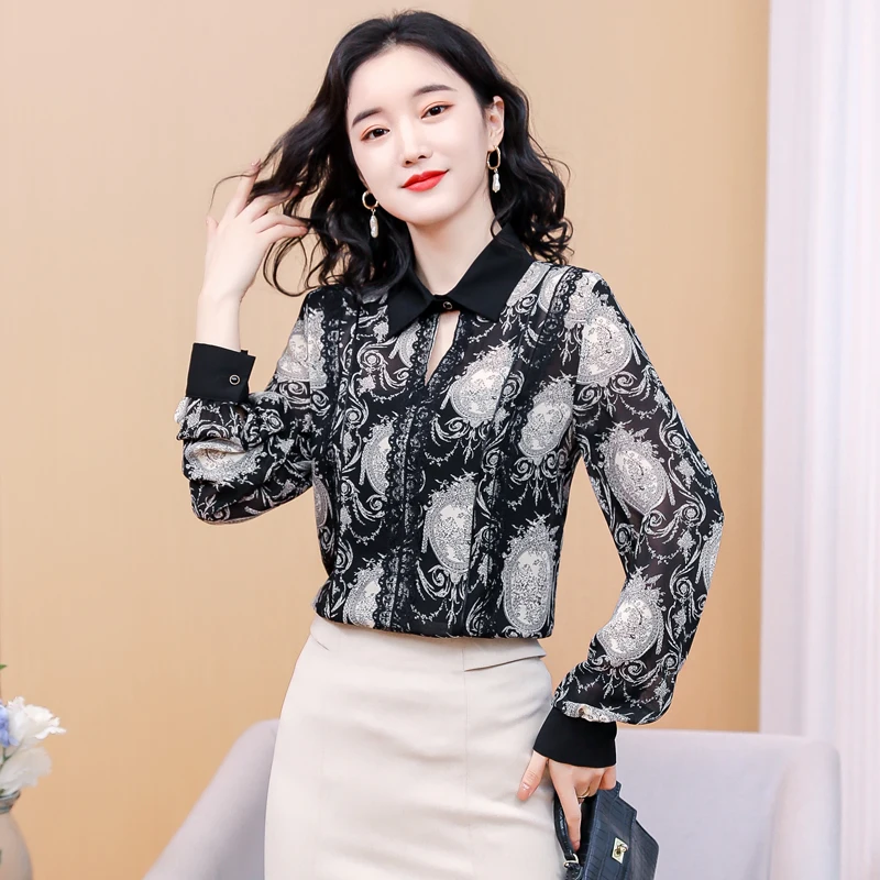 

Chiffon Women's Blouse Loose Print Polo Shirt Spring Autumn Korean Casual Fashion Long Sleeve Top Houthion