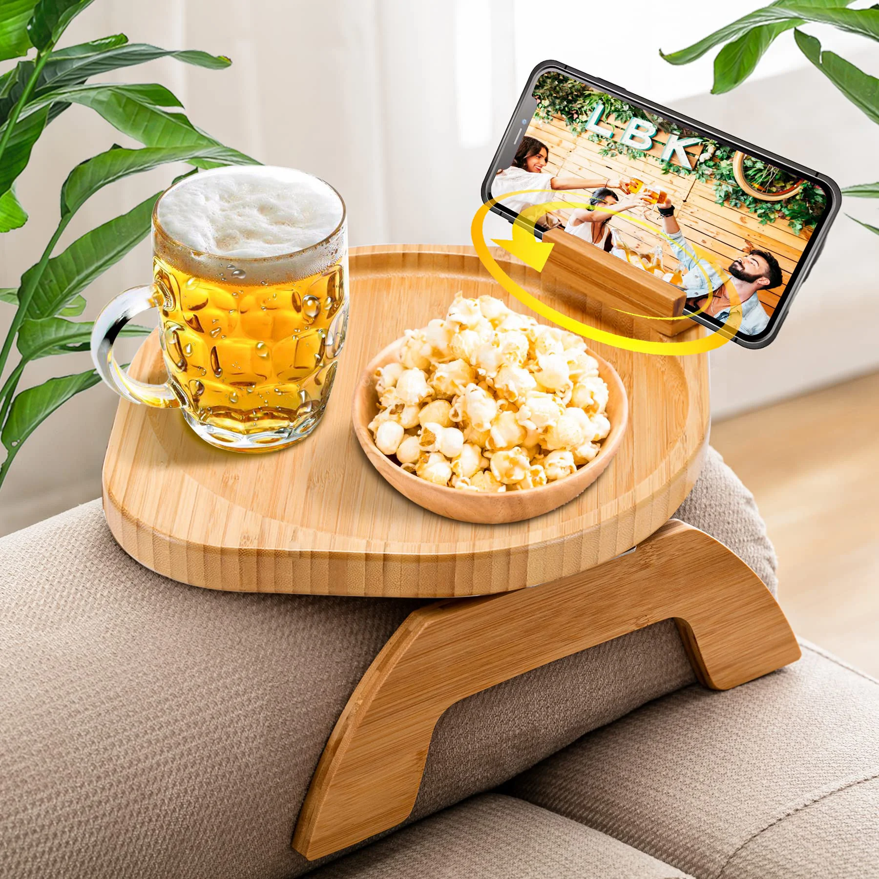 

Bamboo Couch Tray Foldable Couch Clip Arm Table with 360° Rotating Phone Holder Sofa Arm Tray for Drinks Snacks Remote Control