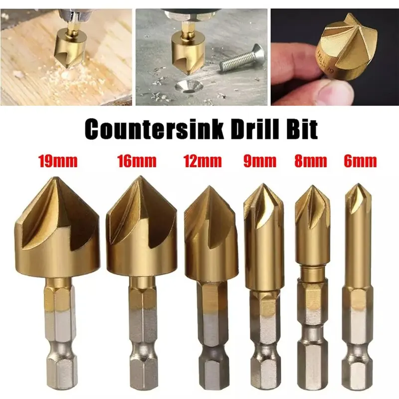 

3/6pcs HSS Chamfer Countersink 6mm-19mm Chamfer Drill Bit 1/4" Hex Shank 90 Degree Wood Chamfering Cutter In Stock