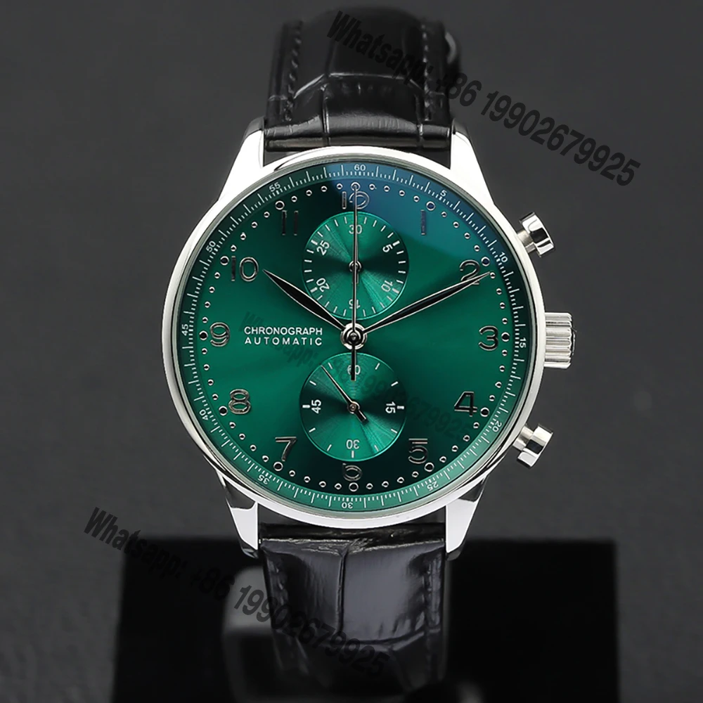 

Luxury Watches Miyota Quartz Chronograph Mens Watch Steel Case Green Silver Number Dial Black Leather Strap Stopwawtch Puretime