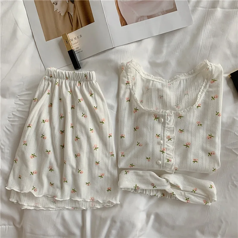 Pajamas women's jacquard cotton floral small fresh short-sleeved suit two piece set summer pajamas for women