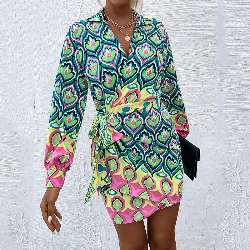 

Женское платье с длинным рукавом, элегантное зеленое коктейльное платье с цветочным принтом, отложным воротником и буффами на рукавах, осен...