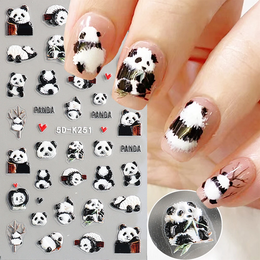 

5D милые наклейки для ногтей в виде панды, тисненые милые Мультяшные наклейки для ногтей, самоклеящиеся слайдеры с цветами и растениями, декоративные оболочки