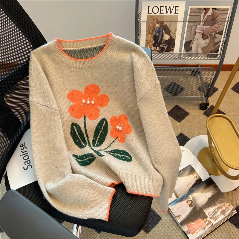 

Women Winter Sweater and Pullovers Long Sleeve Oversized Chic Floral Knitted Jumpers Knitwear Korean Streetwear Jumpers