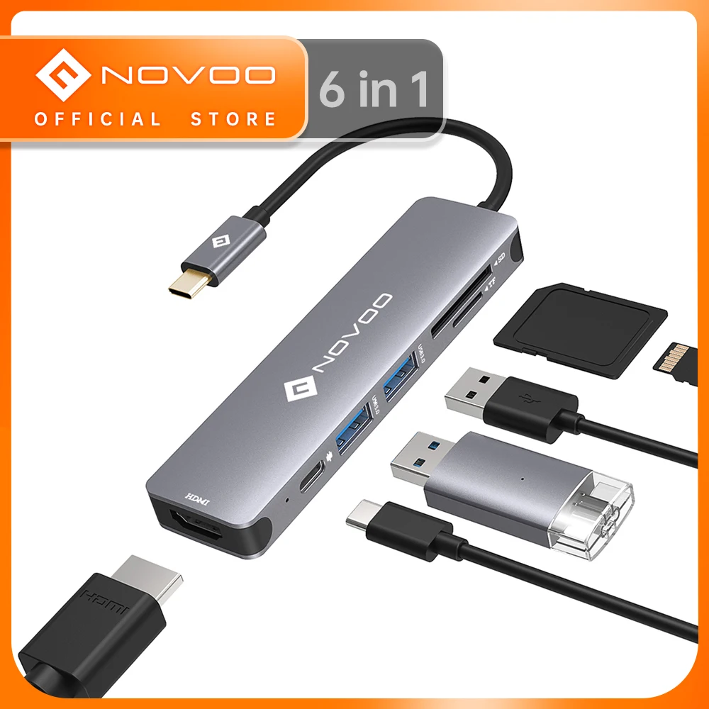 

NOVOO 6-in-1 USB C HUB Type C to HDMI-compatible USB 3.0 PD 100W SD TF Card Reader Adapter For MacBook Pro Air Nintendo Switch