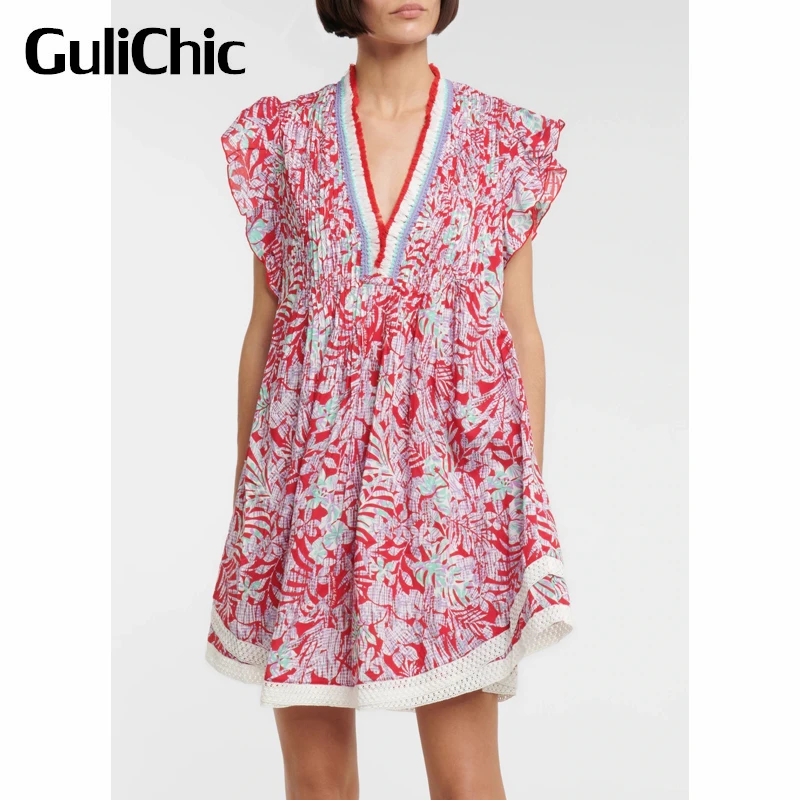 

7.22 GuliChic Women Vintage Abstract Print Pleated V-Neck Frayed Tassel Ruffle Sleeveless Dress