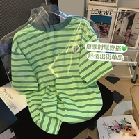 summer new short sleeve cotton t shirt womens striped cartoon embroidery loose top round neck green fashion tees