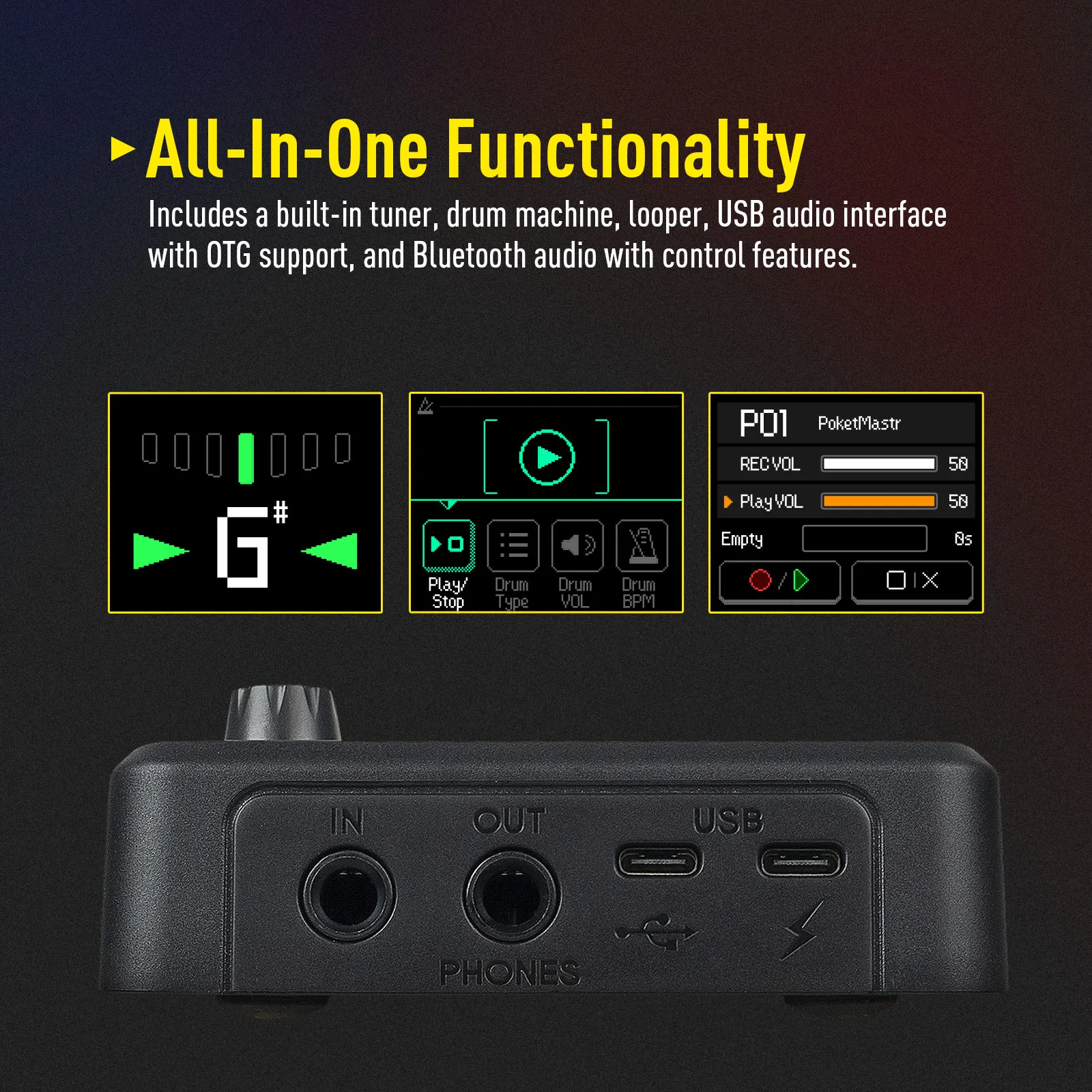 Фото Педаль эффектов SONICAKE Pocket Master Brasil (английская версия) для гитары и бас-гитары, 100+ мультиэффектов, управление через приложение, встроенный аккумулятор №2