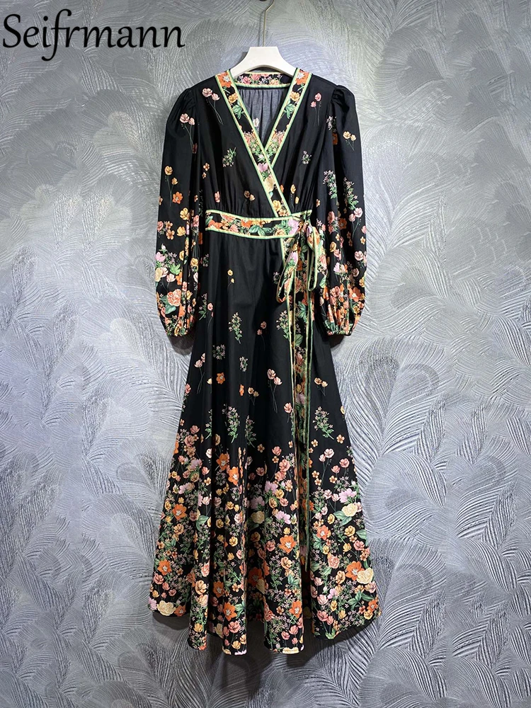 Seifrmann High Quality Summer Women Fashion Designer Holiday Long Dress Lantern Sleeve Bow Small Floral Printed A-Line Dresses