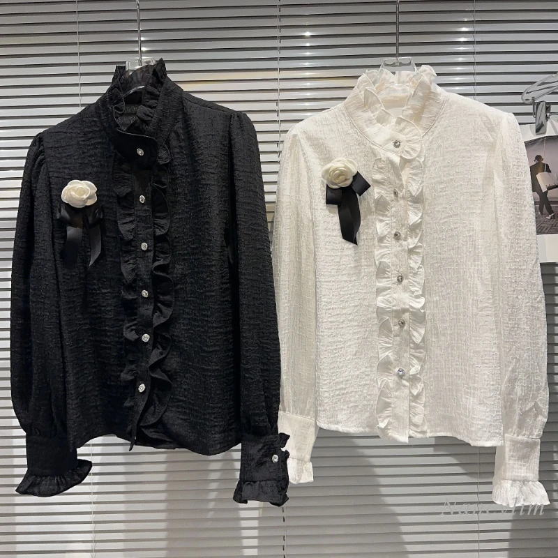 

2023 Autumn New Flower Pin Wave Lace Pleated Fabric Shirt for Women All-Match Chic Top Ruffled Collar Blouse Long Sleeve Blusas