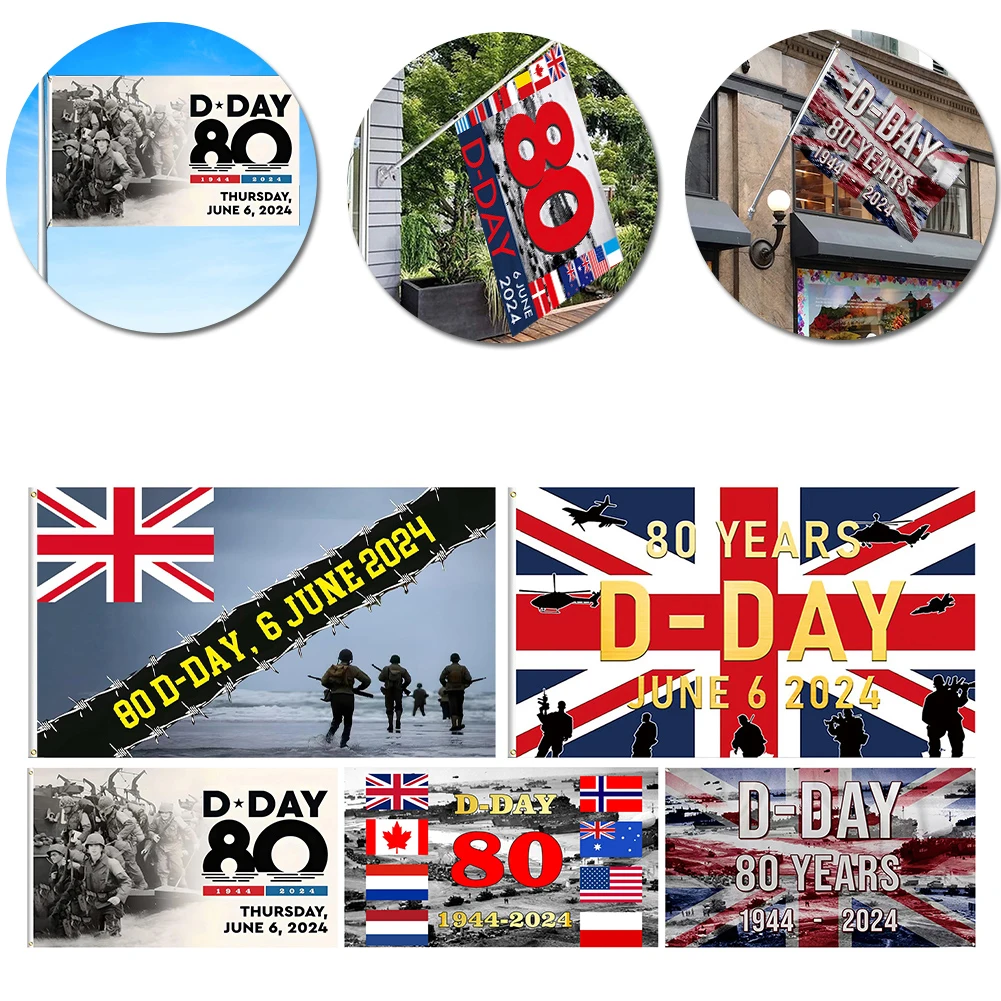 5x3ft L-образный Баннер Нормандии Д-День 80-летия 1944-2024 Памятный Флаг Для Украшения