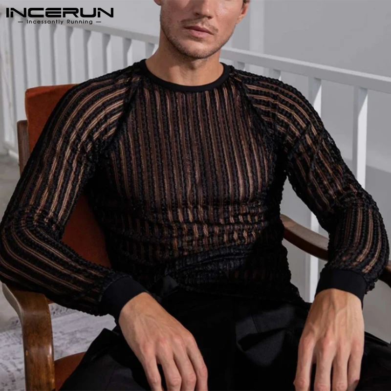 

New Men's Solid Comfortable Camiseta See-through Breathable Mesh Striped Raglan Sleeve All-match T-shirt S-5XL INCERUN Tops 2022