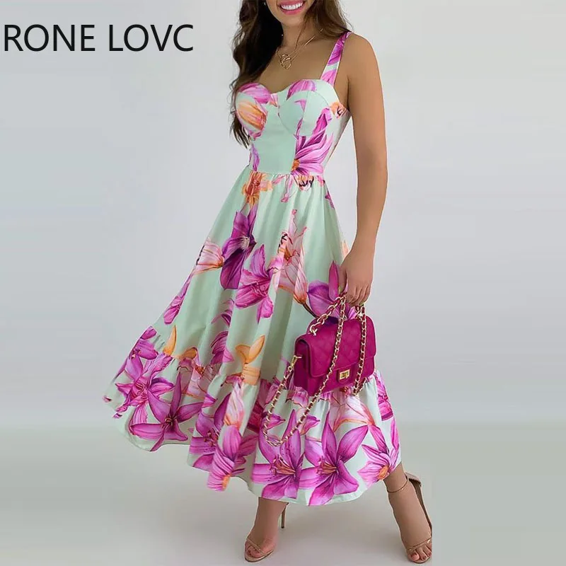

Women Chic Cami Sleeveless Floral Print Ruffle Hem Midi A Line Sexy Dresses