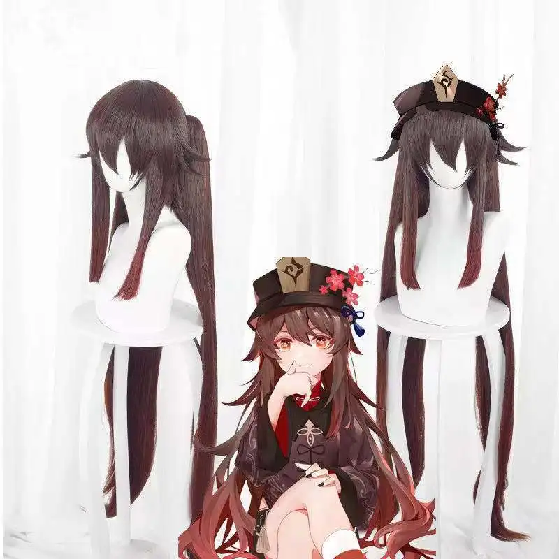 

Game Genshin Impact Hutao Cosplay Wig Role Playing Double Ponytail 110cm Long Brown Hair Girl's Headgear Anime Costume Props