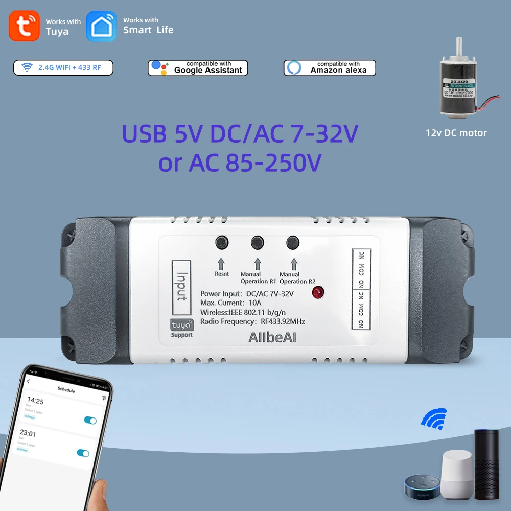 

2 Channel Tuya Smart Wifi Motor Switch Module,DC 12V 24V 32V 110V 220V Inching Relay,Alexa Google Alice RF433Mhz Remote Control