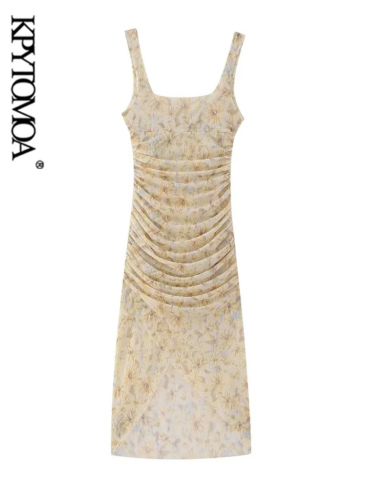 

KPYTOMOA Women Fashion Printed Draped Tulle Midi Dress Vintage Square Collar Wide Straps Female Dresses Vestidos Mujer