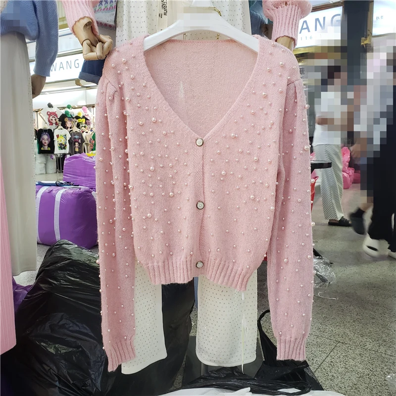 

2022 Fashion Early Autumn Knit Cardigan Coat Popular Single-Breasted Beads Slim Long Sleeve Cardigan Sweater for Women Sweaters