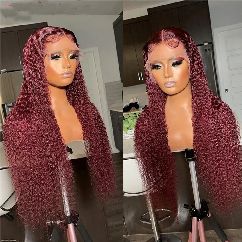 

Long 180%Density 26Inch Burgundy 99j Kinky Curly Natural Hairline Lace Front Wig For Black Women Babyhair Glueless Preplucked
