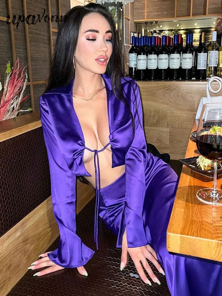 

Free Shipping 2022 New Women Purple Satin Set Sexy Lapel Long Sleeve Lace-Up Cardigan Crop Top & Skinny Long Skirt Two Piece Set