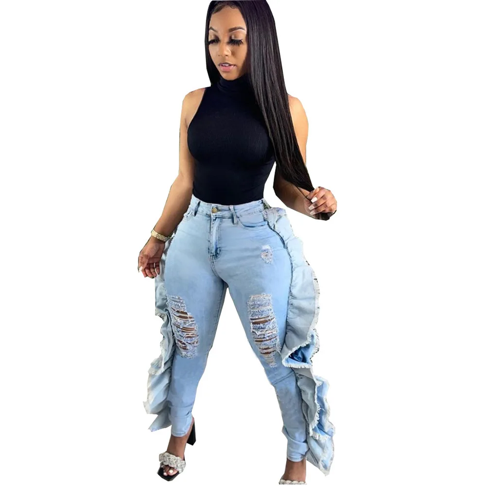 

European Design Sexy Denim Long Pant Side Ruffles Ruched Sexy Pencil Pant Women Jeans Trousers