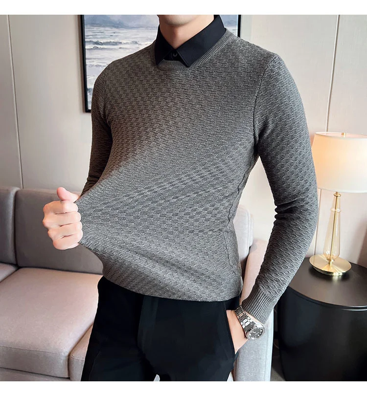 

Fake-2Pieces высококачественный мужской свитер, Мужская одежда, модные облегающие повседневные трикотажные пуловеры, мужская Трикотажная модель в Корейском стиле