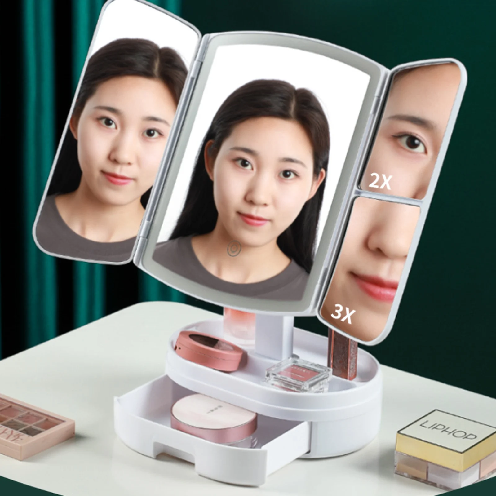Foldable Makeup Mirror With Drawer Desktop Home Led Light With Smart Light Filler Dressing Mirror Touch With Magnifying Glass
