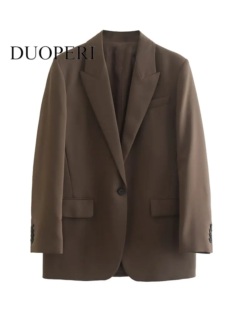 

DUOPERI Women Fashion With Pockets Solid Single Button Blazer Vintage Long Sleeve Notched Neck Female Chic Lady Outfits