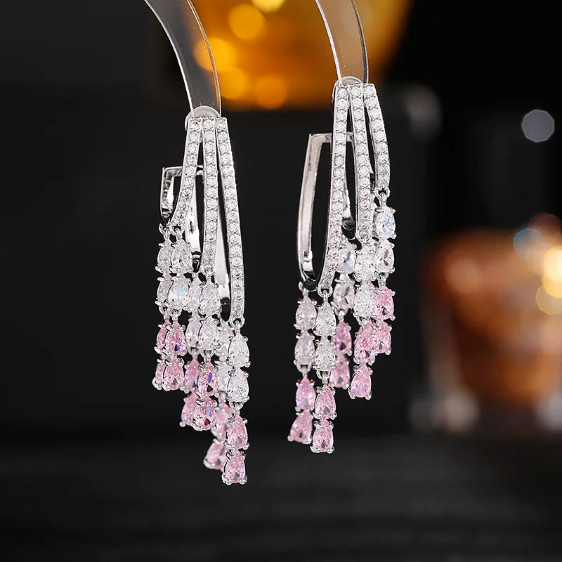 

S925 Silver Needle Cubic Zirconia Inlaid Dinner Dress Wedding Bridal Earrings Trendy Luxury High-end Water Drop Tassel Earrings