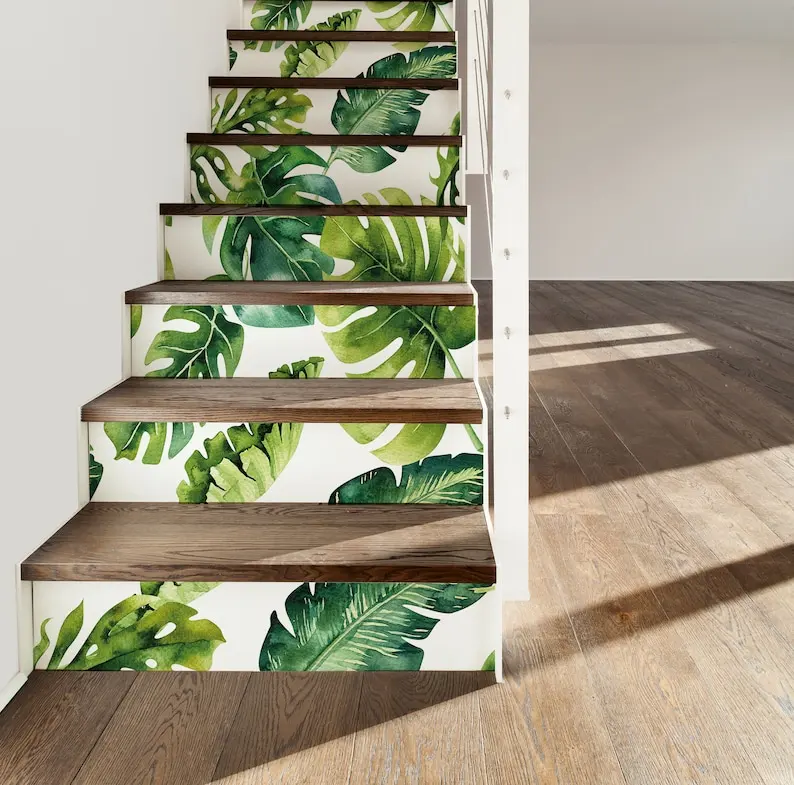 

Monstera Leaves Decal \ Light Floral Sticker \ Floral Removable Stair Riser Decals \ Peel & Stick Vinyl Stair Sticker