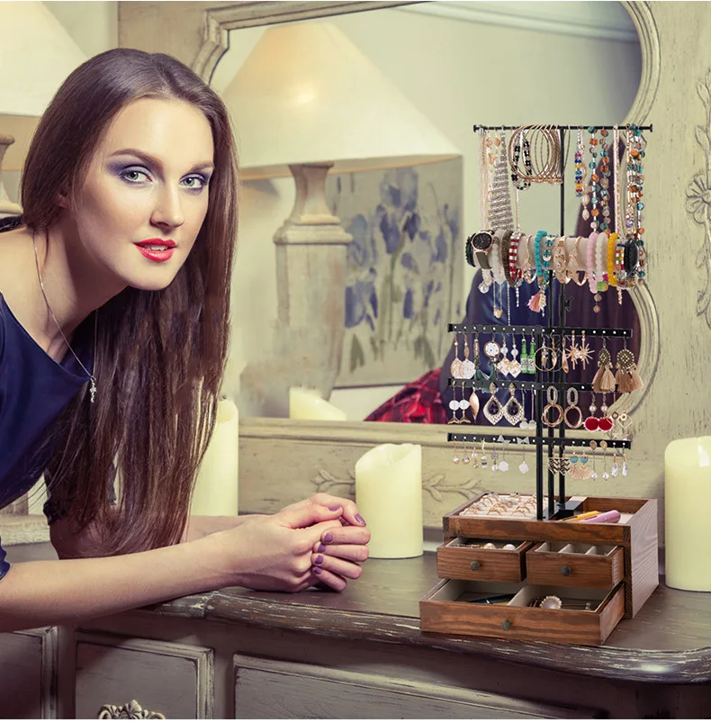 Earring Organizer Jewelry Display Rack Stand Jewelry Tree Storage Box with Wooden Base Hanging Drawer for Bracelet Ring Necklace