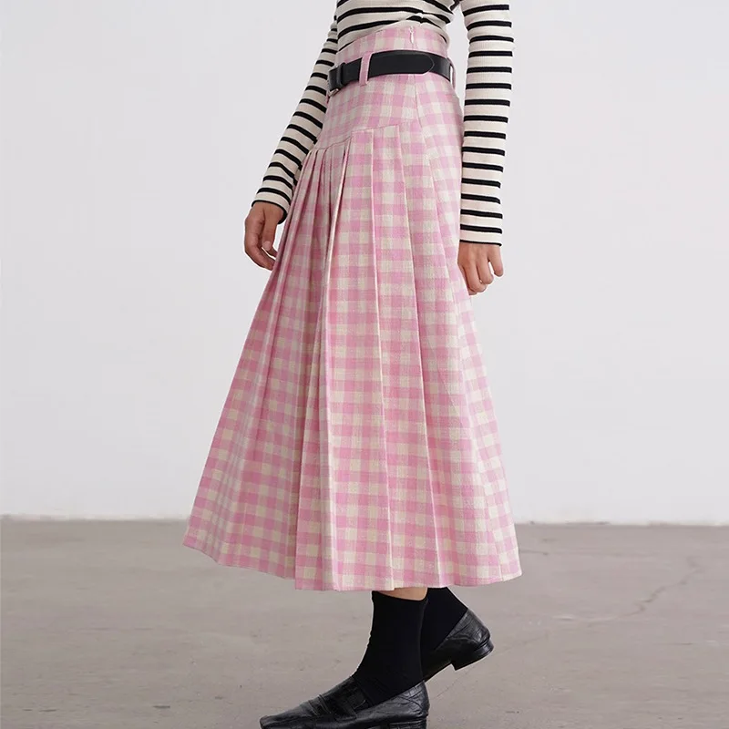 Women Pink Plaid Printed  A-line Pleated Skirt Autumn and Winter Ladies Sweet Fashion Waist Loose Midi Skirt 2022 New