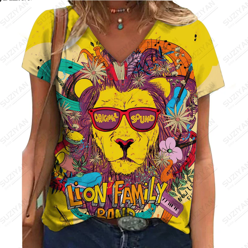 

3D printed clothing women's V-neck short sleeved T-shirt pullover top loose casual and comfortable oversized color painting lion
