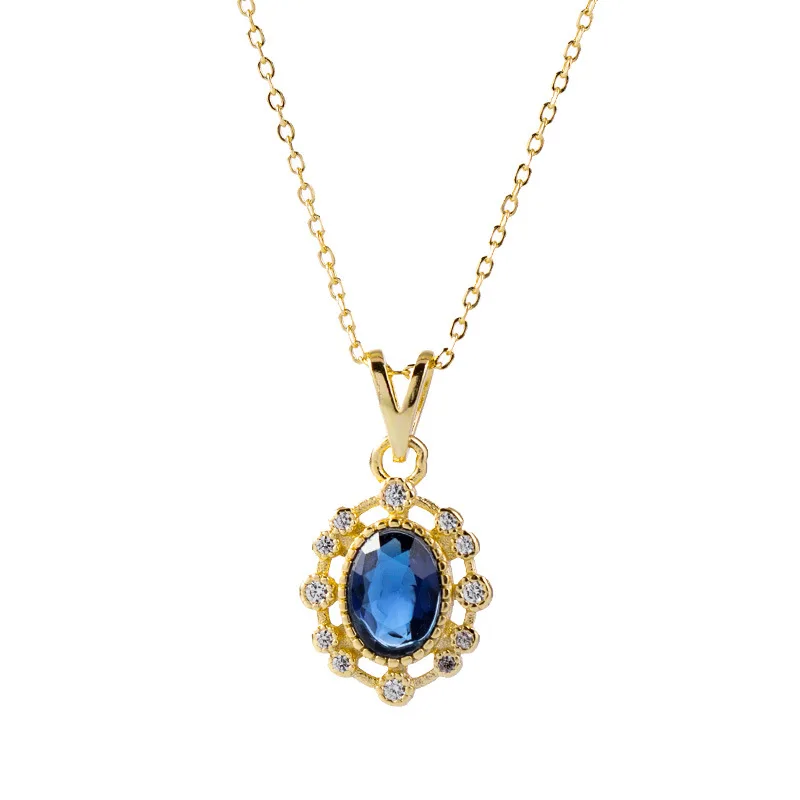 

S925 Sterling Silver Blue Zircon Pendant Necklace for Women Retro Light Luxury Clavicle Chain Fine Jewelry Gift for Girls New