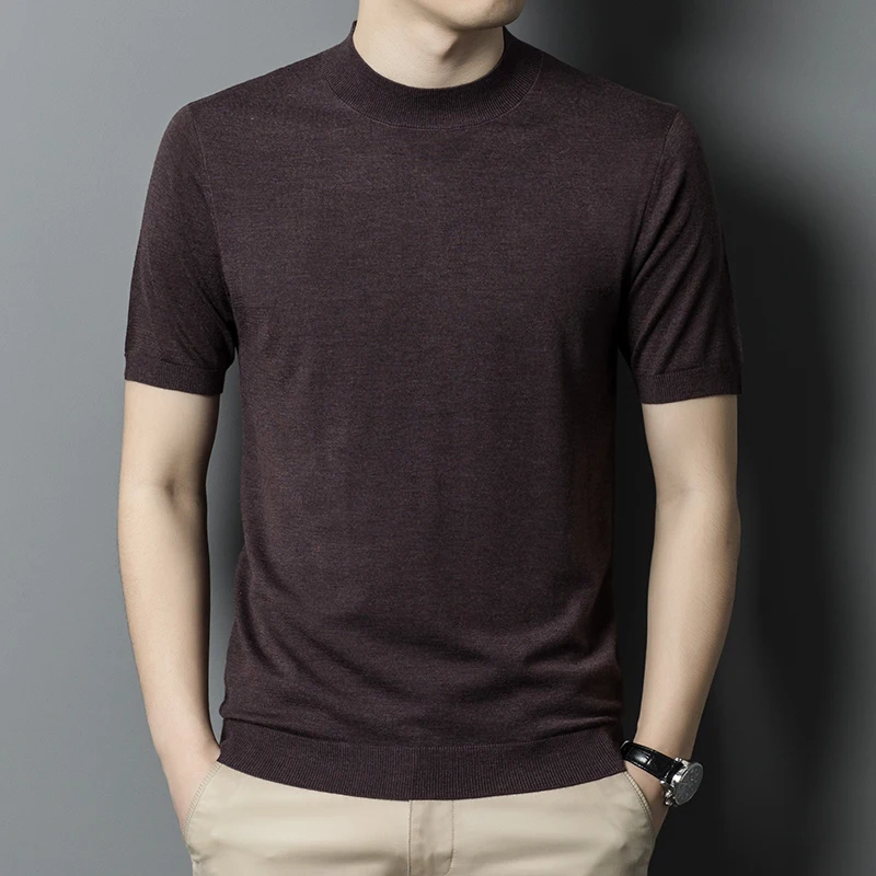 

Summer Men's Short-Sleeved T-shirt Solid Color round Neck Knitted Sweater Korean Thin Breathable Casual Top Men