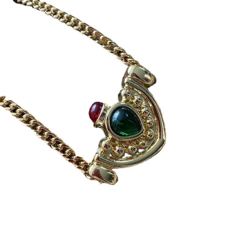 

Medieval Vintage thick brass translucent red green glaze geometric necklace clavicle chain