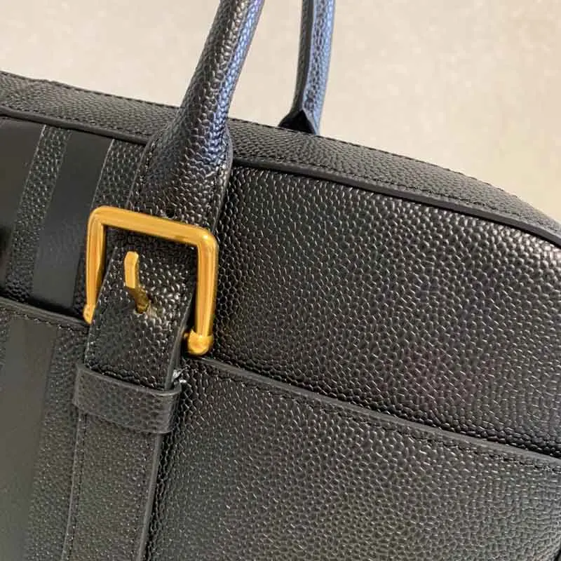 New TB Briefcases Luxury Brand Black Classic 4-Bar Striped Men's Bag Fashion Design Genuine Leather Messenger Business Handbags