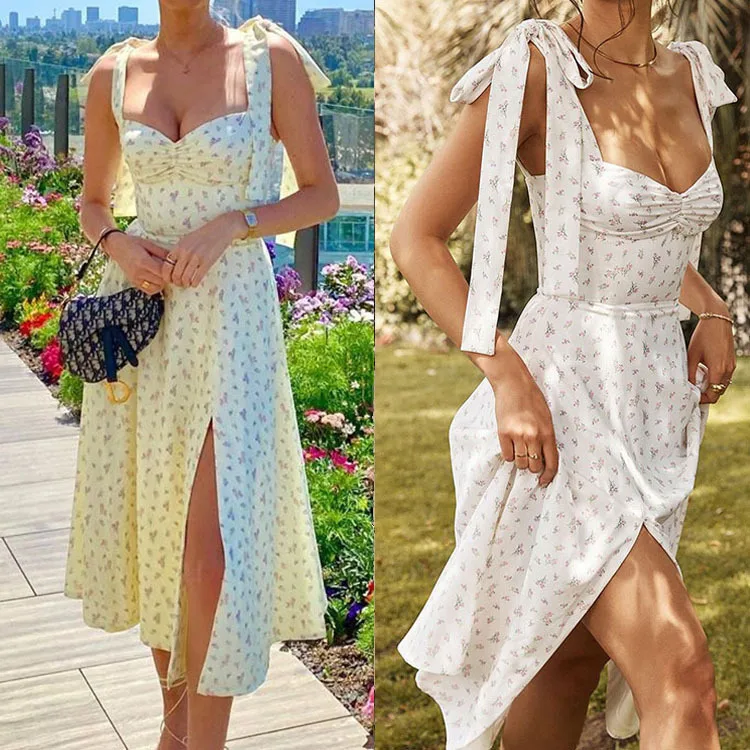 

Summer Floral Dress Feminine Casual Fashion Clothing 2022 Long Sling Cotton Pleated Slit White Yellow Lace