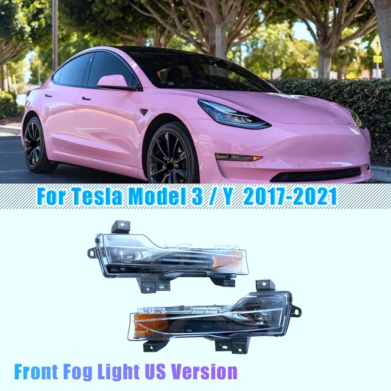 

New LH & RH For 2017-2021 Tesla Model 3 / Y Car Front Fog Light Fascia Lamp Amber LED Drl Up-Level Pair Set US Version