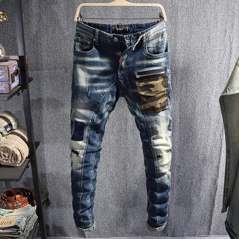 Fashion Designer Men Jeans Retro Blue Slim Fit Stretch Ripped Jeans Men Hole Trousers Hip Hop Patched Denim Biker Pants Hombre