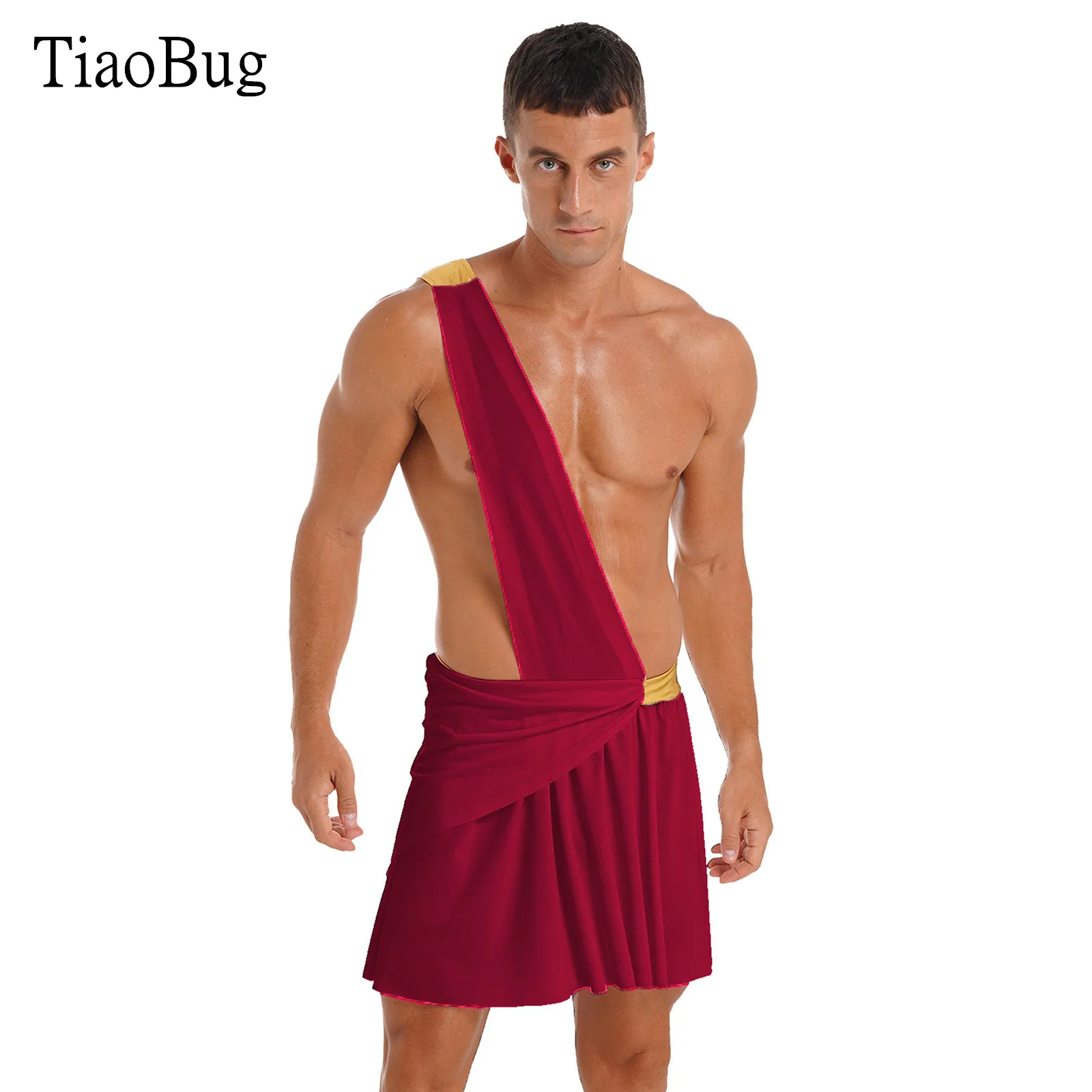 

Mens Halloween Theme Party Role Play Costume One Shoulder Strap Contrast Color Waistband Ruffle Skirt