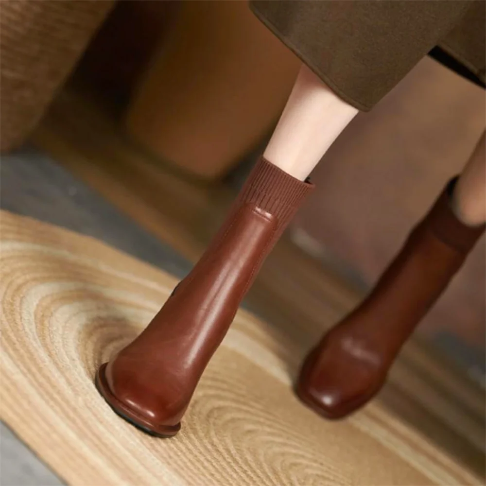 Solid Color Nude Boots Women Square Head Spring and Autumn New Slim Knitted High-heeled Slip-on Comfortable Women's Boots