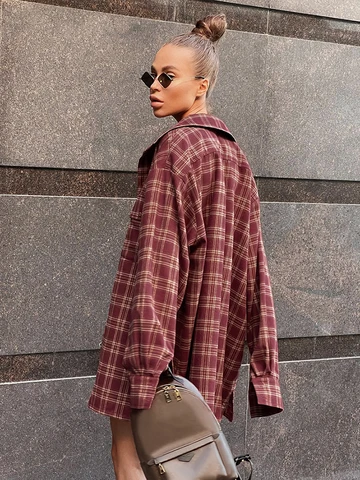 Mnealways18 Street Style Red Plaid Shirts Women Irregular Long Sleeves Oversized Blouses Spring 2023 Loose Gingham Tops Trendy