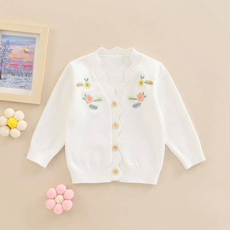 

Infant Baby Girl Knit Cardigan Sweaters Open Front Flower Embroidery Knitwear Jacket Button Down Knitted Outwear