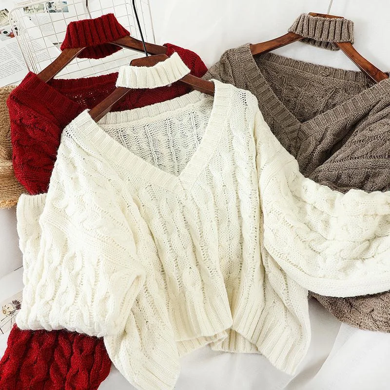 

Winter Twisted Pullover Sweaters Female Knit Long Sleeve V Neck Crop Sweater Tops Korean Y2K Halter Jumper Pull Femme