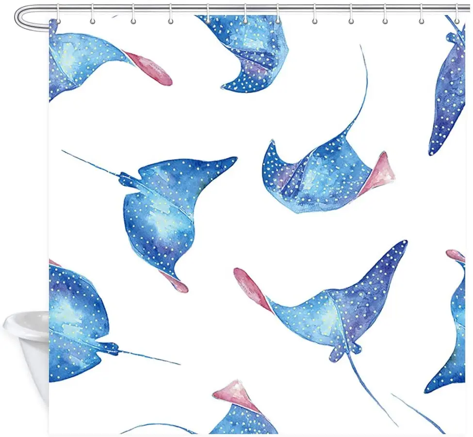 

Cartoon Sea Life Shower Curtain Watercolor Blue Devil Fish Manta Ray Polyester Fabric Bath Bathroom Curtains Set with Hooks