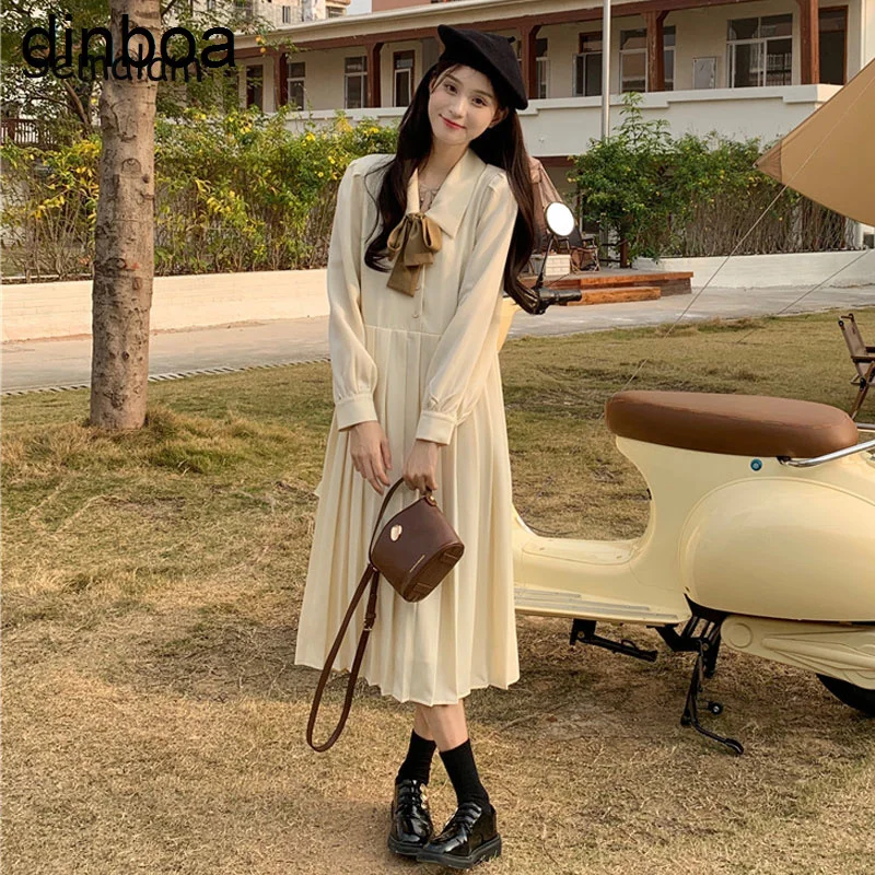 

Women Lolita Dress Kawaii Elegant Vintage Pleated Dresses Autumn Sweet Cute Long Sleeve Preppy Style Fashion Bow Autumn Dress