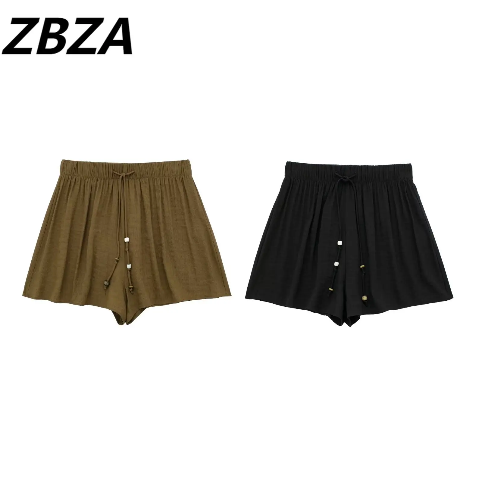 

ZBZA Women 2023 New Chic Fashion Beaded Ornament Frenulum Shorts Vintage High Elastic Waist Drawstring Female Short Pants