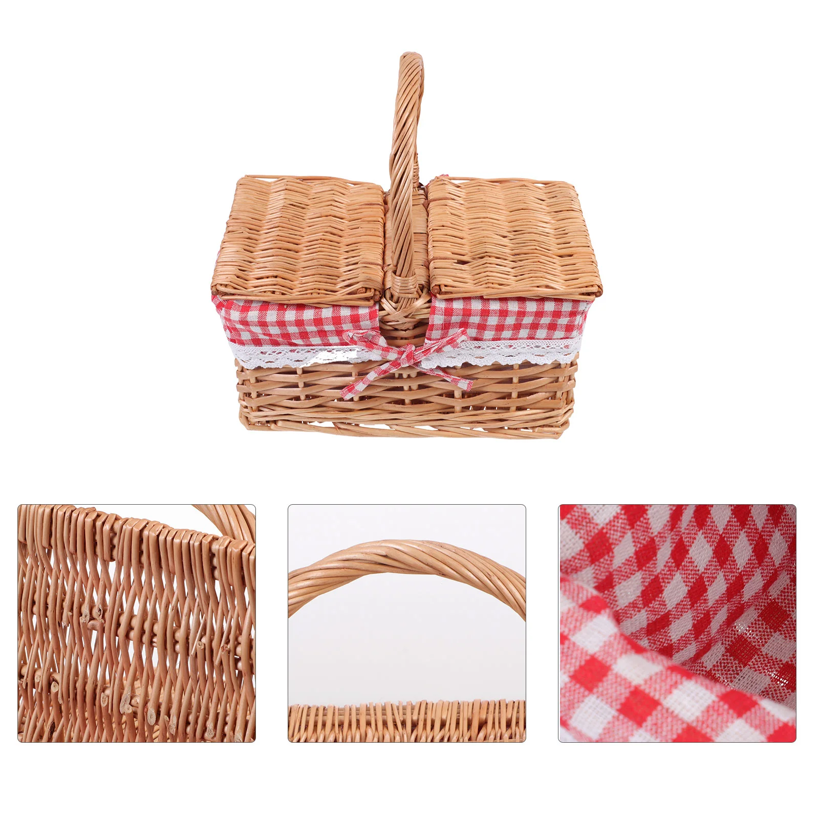 

Wicker Picnic Basket Split Lid Woven Basket Vintage Picnic Hamper Woodchip Storage Container Organizer Bins Handle Liner Camping