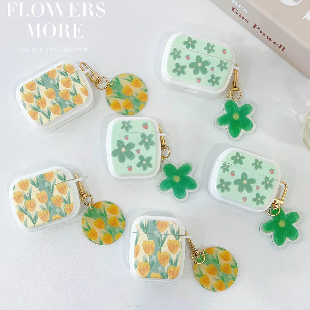 

Earphone Case for AirPods Pro 2 Retro Green Flower Tulip Keychain Soft Cover For AirPods 3 AirPod Charging Box Protective Case