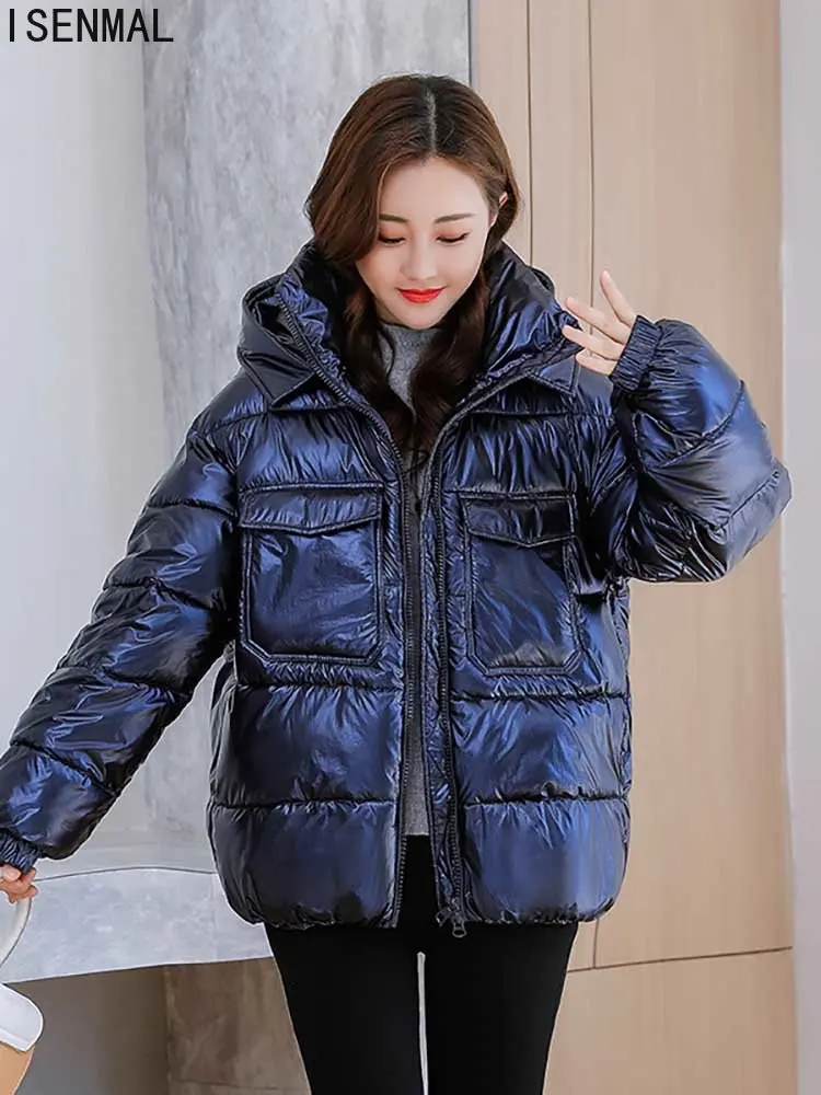 

New Design Women Winter Coat Two Big Pockets Stand Collar Cool Female Outwar Parka Solid Shining Fabric Navy Blue Green Coat